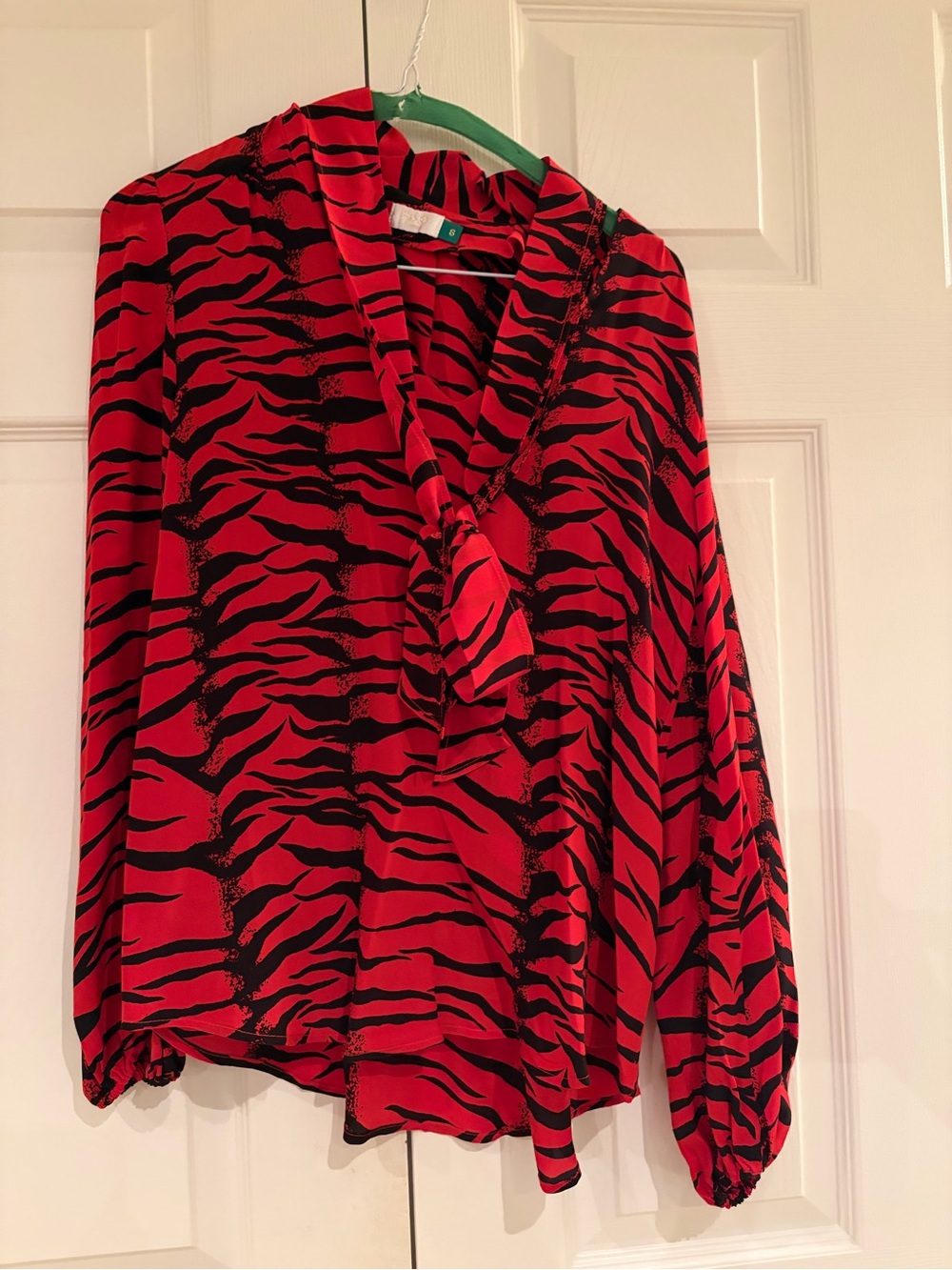 RIXO Red and Black Animal-Print Tie-Neck Blouse